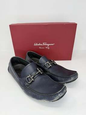 Salvatore Ferragamo Gancini Driving Loafers Men's 9 D Navy Blue Leather Italy